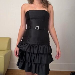 Vintage 80s Jessica McClintock Gunne Sax Strapless Tiered Belted Black Dress